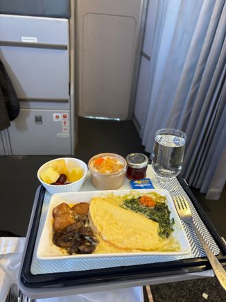 Breakfast this morning LGW/RHO  on Titan Airways. The cheese omelette was really tasty. Bread/pastry basket followed. No drinks trolley at any stage  that I saw from my front row seat and a very nice crew were continually asking if you needed anything more to drink but the only alcohol I saw was the bubbly offered just after breakfast was served. I don’t ‘do’ alcohol anyway before 5pm so not a bother. A goody basket was offered. Had it been a blind tasting I would never had guessed it was coffee