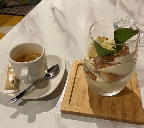 tiramisu without coffee, and a coffee