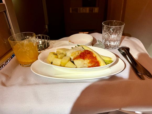 BA2230 BKK-LGW 1st meal main: white fish (cod maybe?) with boiled potatoes, corn, and asparagus, with a tomato sauce. This was actually ok, fish was moist, veg and sauce were nice too.