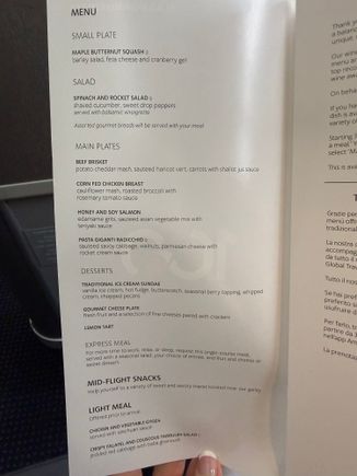 First glimpse at the menu! My first choice was chicken, then salmon or pasta since I don't eat beef.