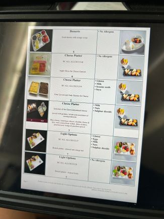 Allergens sheet on an iPad on a QR flight (DOH > EDI)