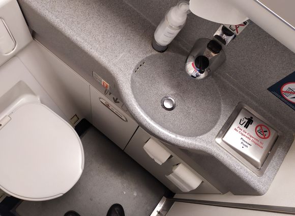 A vertical view of the toilet, which is exactly the same as in normal Economy class 