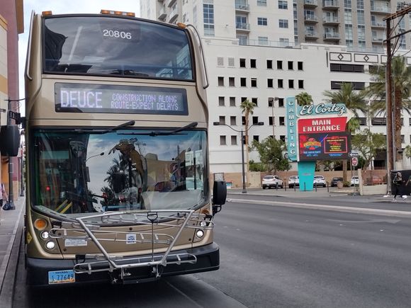 Deuce bus from downtown across the street from El Cortez, runs along the strip to south premium outlet