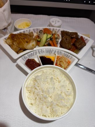 Stir fried beef and cod main dish.  Everything was hot, rice was cooked perfectly, presentation was wonderful.