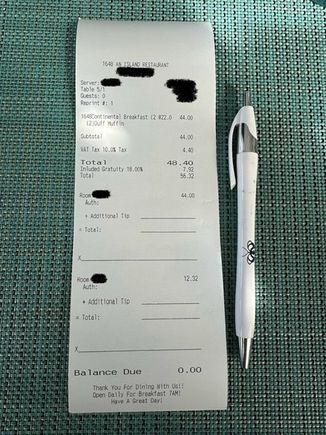 Receipt of breakfast for 2 of the platinum “complimentary” breakfast, where the voucher removes the $44.00 charge, but are required to pay for the VAT charge of $4.40 and Gratuity of $7.92.
