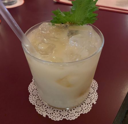 New Money cocktail at Best Quality Daughter in SAT. Cognac, overproof Jamaican white rum, banana, miso, sesame orgeat, and lime juice. 