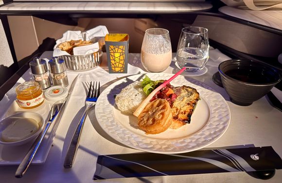 Breakfast - Miso glazed salmon with sesame soya sauce steamed Japanese rice, simmered vegetables and shiitake soup