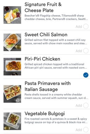 Preorder menu. For those who did not preorder, options included the chicken or the pasta. However, by the time the FA was halfway through row 2,  only pasta remained. 