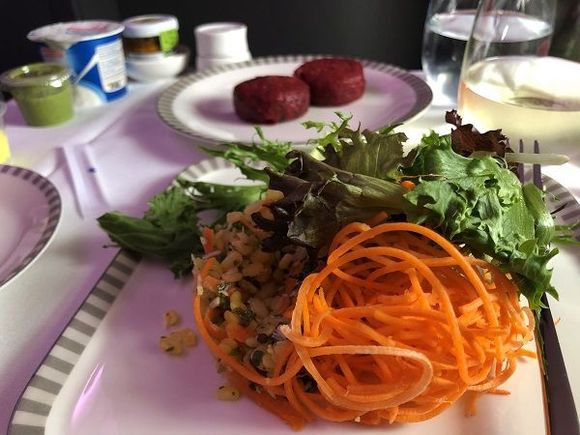 Second course: salad, veggie patyy, yogurt, bread 