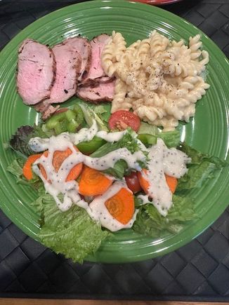 Grilled pork tenderloin, miso-mascarpone pasta (NYT recipe), salad