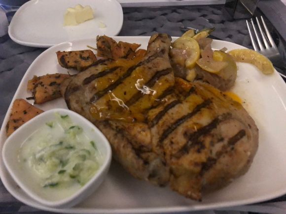 This was billed as game hen served with a side of tzatziki.  Doesn't look like much but was much better than I expected.