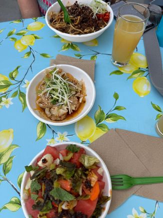 top- cold noodles w pork
middle- pot stickers
bottom- watermelon salad (outstanding!)