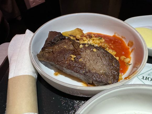 Flat iron steak - summer squash caponata, pine nut crumble, mint.  Was a decent steak, could have used more sauce or the chili oil.