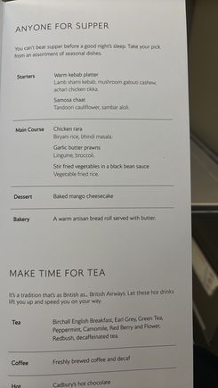 Second menu more appropriate for a lunchtime arrival into London