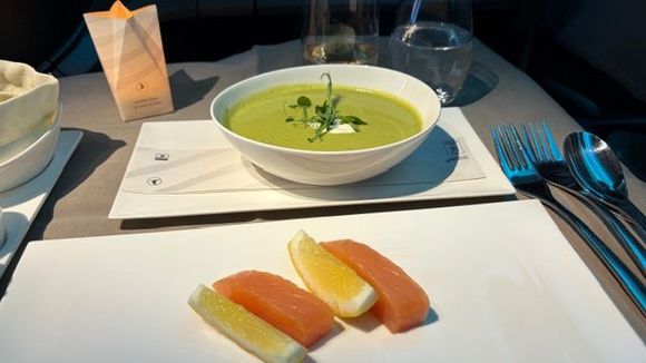 The pea soup and salmon was very good.