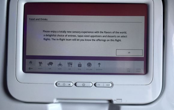 "Please enjoy a totally new sensory experience with the flavors of the world, a delightful choice of entrees, tapas sized appetizers and desserts on select flights.  The in-flight team will let you know the offerings on this flight"