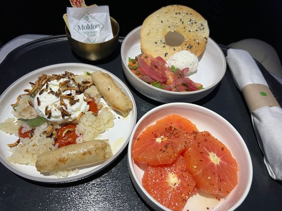 Breakfast Selections - Cara Cara Citrus Salad, Poached Egg (w/added Chicken Sausage), Smoked Salmon.