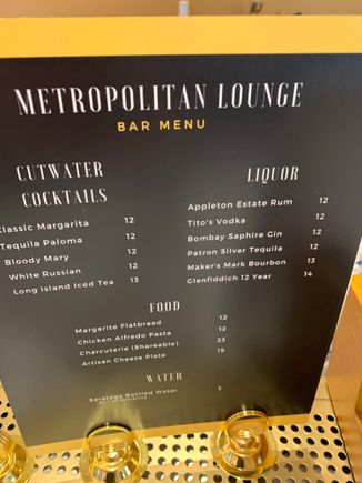 Metropolitan Lounge spirits and food menu