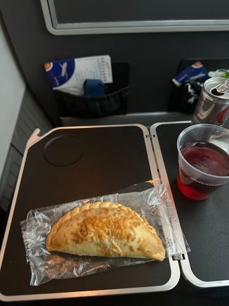 Mid flight snack, Spanish sausage pasty.