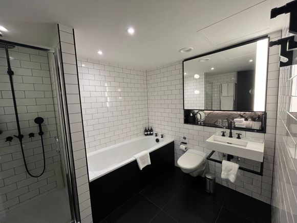 Deluxe King bathroom; full-sized tub, stall shower which was a tad small. Good water pressure.