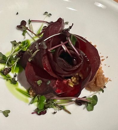 Pretty beet salad with almond crumble and pickled mustard