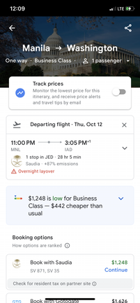 Not a bad one way fare in J on SV with a reasonable 4 hour and 35 minute layover in JED. I snapped this up as I needed a way back from MNL.