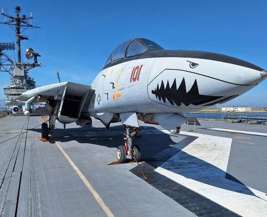 This is an F-14. The Hornet hanger has a wall mural showing all the planes that flew off the carrier up to its retirement in 1970. While the F-14 never flew from this ship I bet it attracts a lot of visitors.