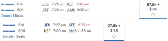 Bottom is searching JFK-AMS which automatically connects through KEF. Top is if attempting to make a 4 day stopover.