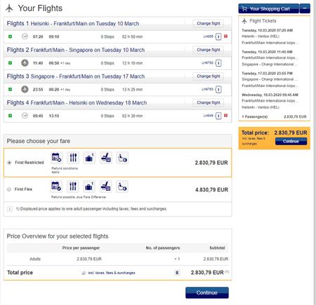 Sample itinerary flying out March 10th 2020 and back on March 17th 2020 (arriving in Helsinki a day later).