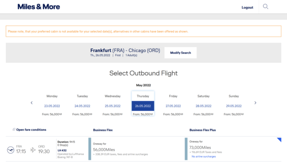No award redemptions in 1st via Miles & More