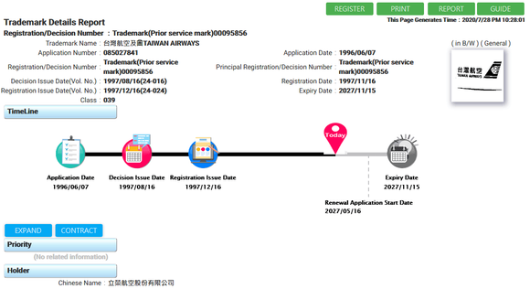 Taiwan Airways Trademark Report