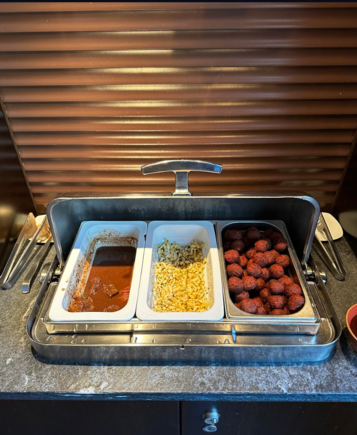 hot offerings, usually one meat, two veg options
