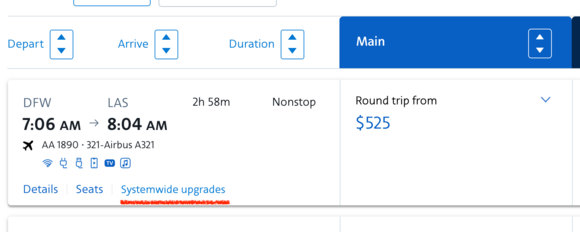 Systemwide upgrades listed on the flight option