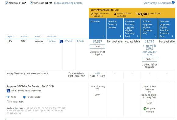 Column 1 is a "Q" fare which should be eligible for an upgrade, but UA wants to sell me a "PZ" fare for > $400 more.