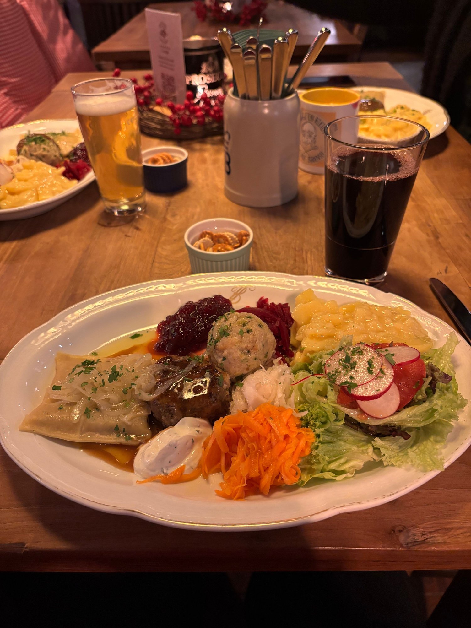 Dinner at the Weinstube.  I had the Wolfsteller, the wolf's plate, and a cherry juice to drink.