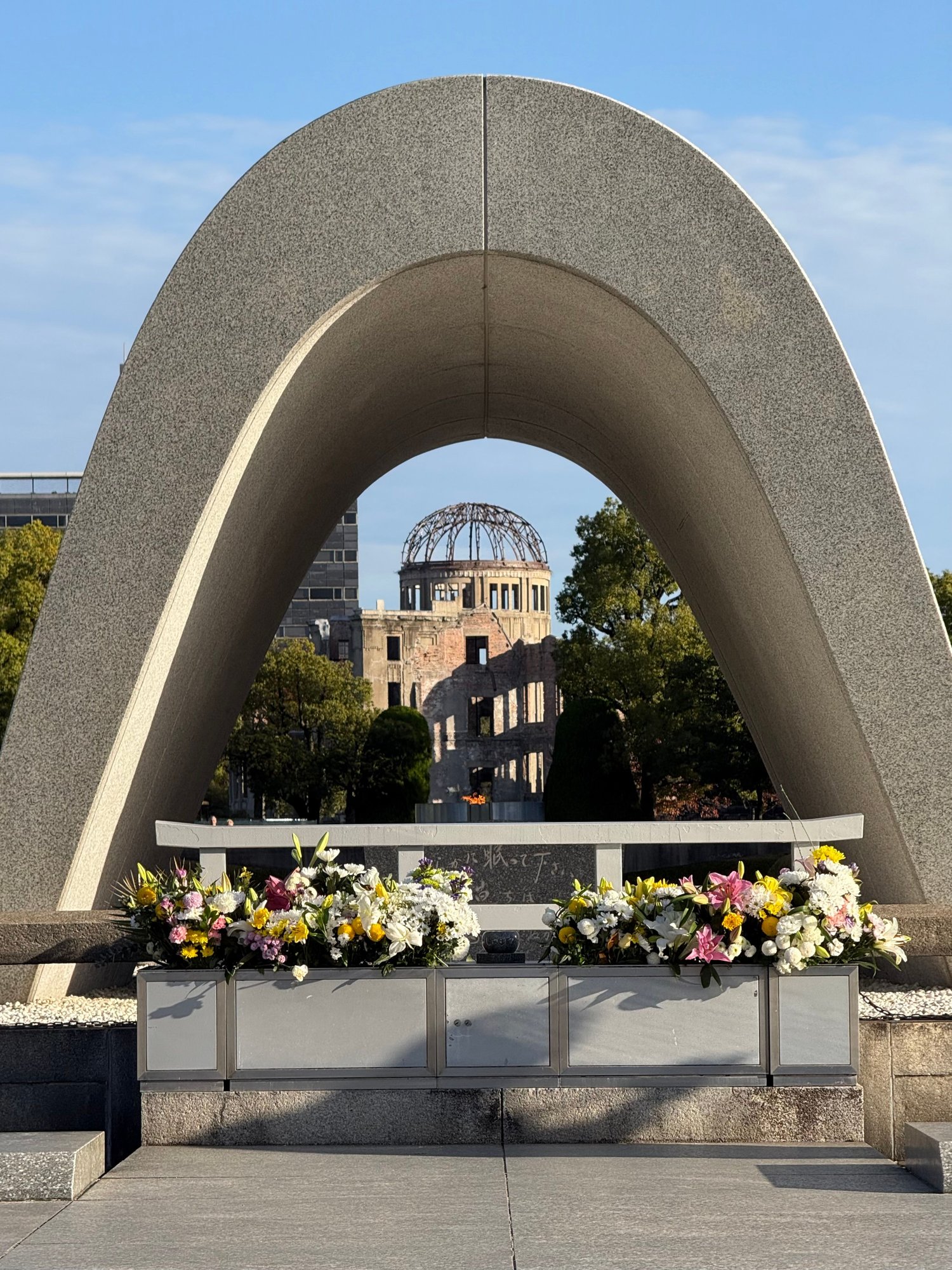 view of the Atomic dome and flower offerings