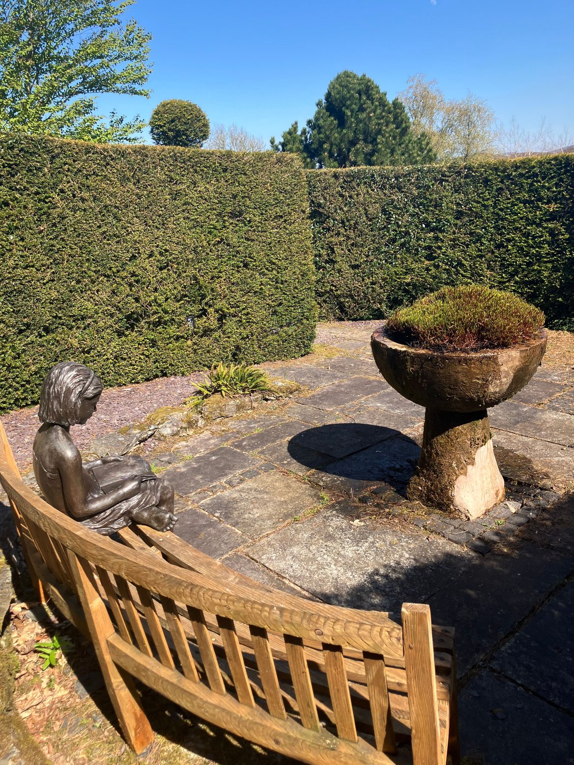 Caerau Gardens - spiral maze with statue and fountain