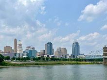 Cincinnati skyline with Ohio River and a part of the gorgeous Roebling Bridge