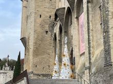 Imposing walls and main entrance of the Palais des Paper (decorated for Christmas)