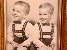 You could best tell us apart by our hair parts. Although we were frequently dressed alike, I was always in blue, mom’s favorite color…while he was in red. 