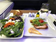 Starter - paprika lemon chicken/hummus/shaved asparagus + salad with sundried tomatoes and feta