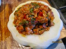 Paddypan squash stuffed with lamb stew