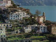 Near Furore, with the Tyrrhenian Sea beyond. The outskirts of this village are some of the most winding local roads---good idea to take some Dramamine/Gravol pills ahead of time. Queasy stomachs can occur here.