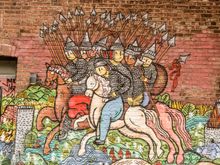 Montreal has so much excellent street art that there is an official display district  wherein work gets changed annually. Le Plateau neighbourhood is a good place to search out such murals. I was surprised to see historical imagery in a number of pieces.