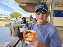 Ed enjoying his meat pie at the Pie Pantry in Sorrento!
