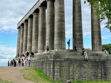 Calton Hill in Edinburgh. This is the unfinished National Monument of Scotland. Initiated in 1816, a year after Napoleon's defeat at Waterloo, the monument was meant to be a replica of the Parthenon in Athens, as a memorial to those who had died in the Napoleonic Wars.

Building began in 1822, but funds ran dry by 1829, and only a facade of the building was completed. It was dubbed "Edinburgh's shame", but it's now a popular landmark and it's a lot of fun crawling up and down its giant steps. 