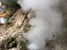 In Furnas: fumaroles are vents or openings at the surface that emit vapours from underground volcanic activity.