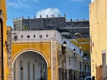 Entering into the town square.