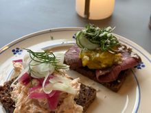 Open face sandwiches - one roast beef and one smoked salmon salad