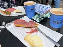 We on the other hand scored a table at a coffee place.  Our knees don't allow us to sit on curbs anymore.